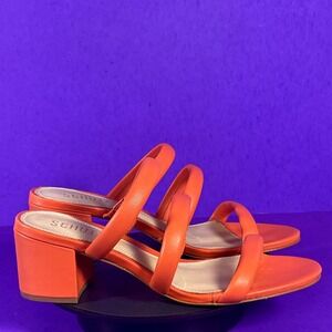 SCHUTZ Women's Hot Orange Olly Triple Strap Block Heel Sandals Shoe Size 7.5
